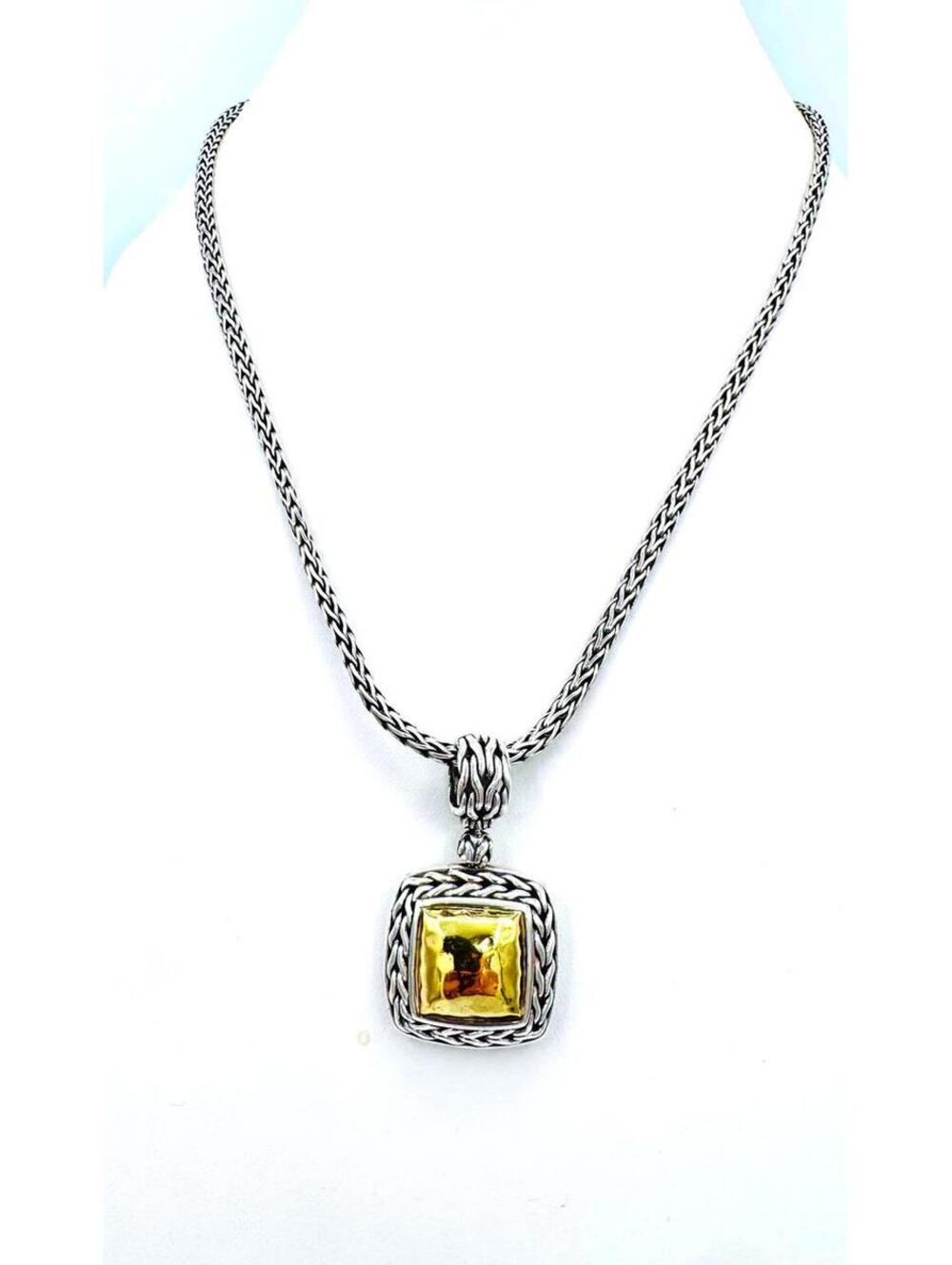 John Hardy 22k gold Palu hammered square sterling silver pendant braided chain